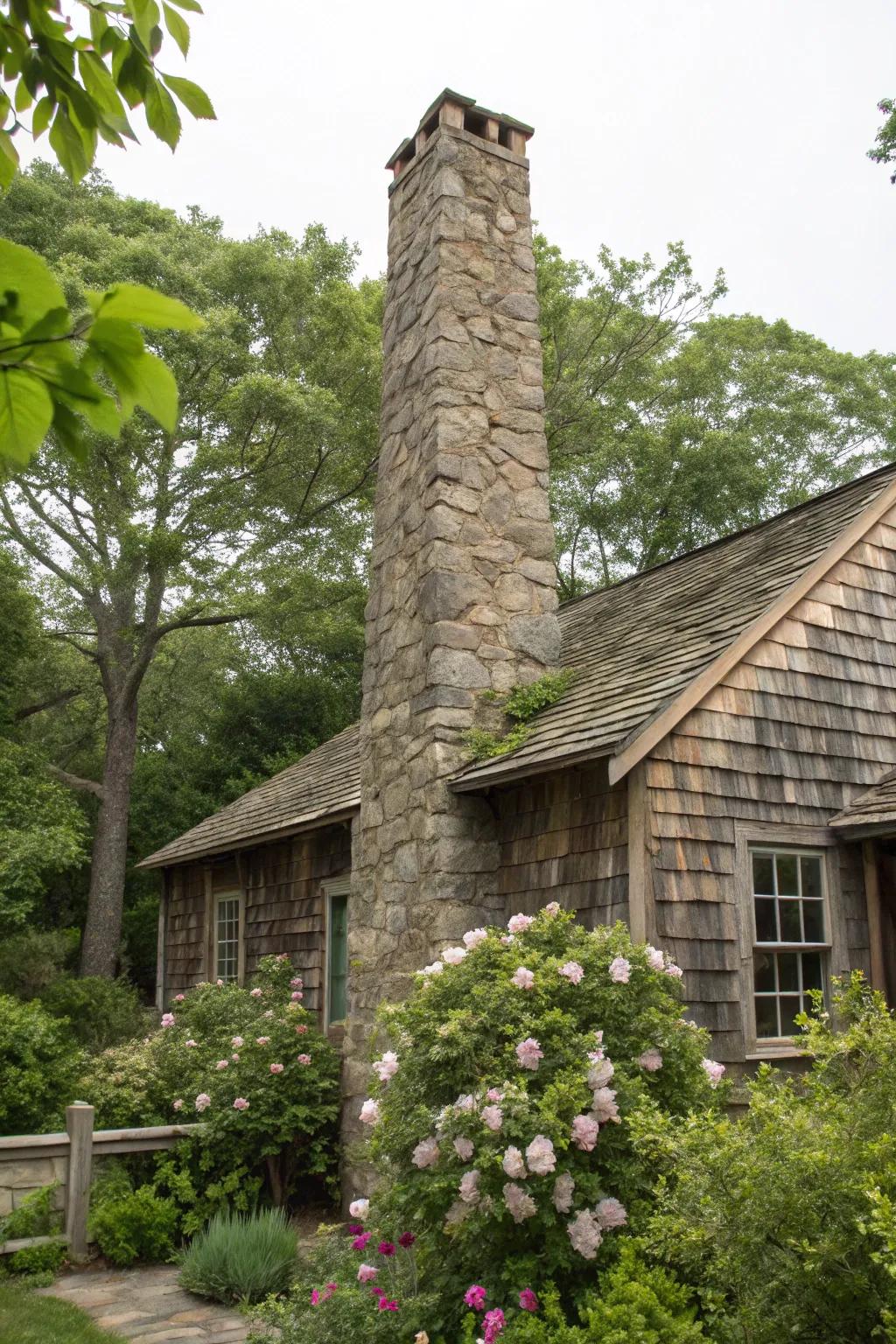 A rustic stone chimney that seamlessly integrates with its natural surroundings.