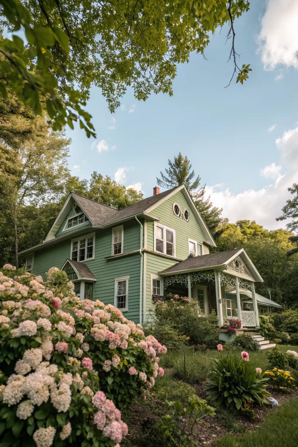 Sage green creates a calming and natural exterior look.