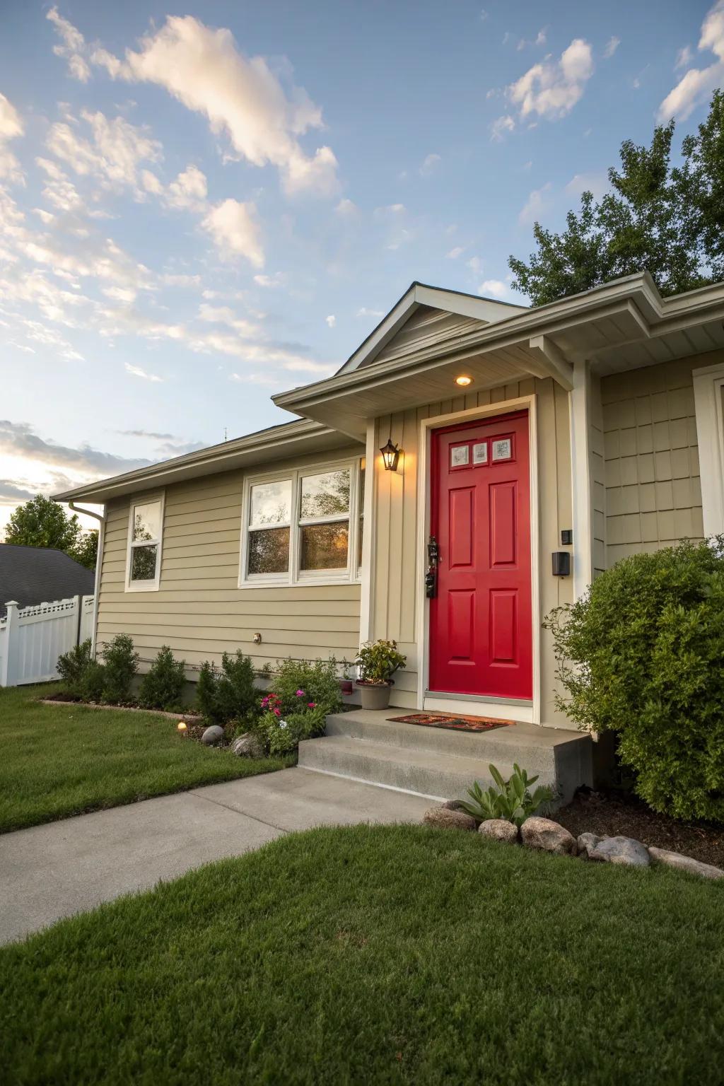 A flat front house with a striking red front door that adds a bold statement.