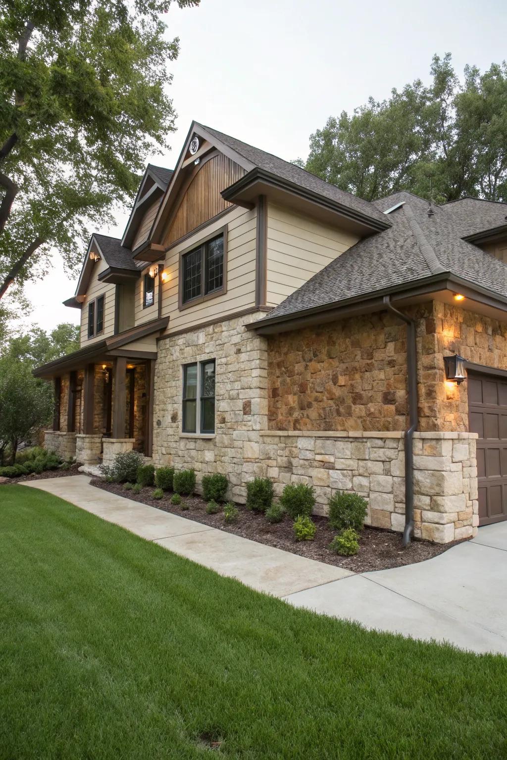 Faux stone panels create a rustic charm for this home's foundation.
