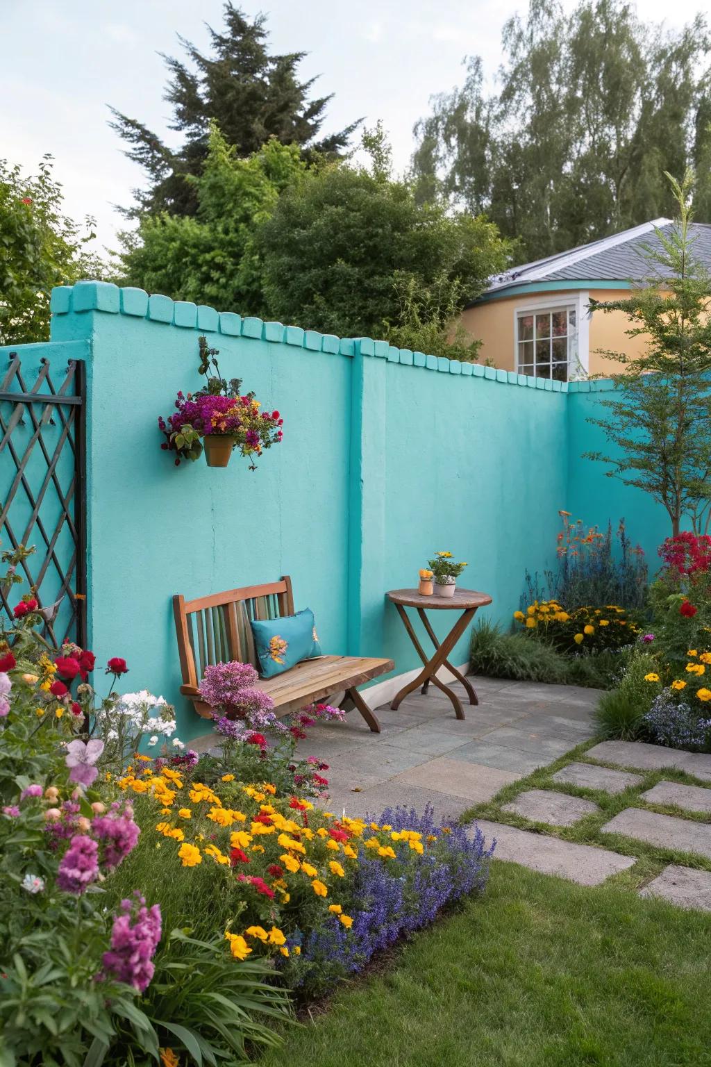Bright turquoise walls bring a burst of energy to your garden.