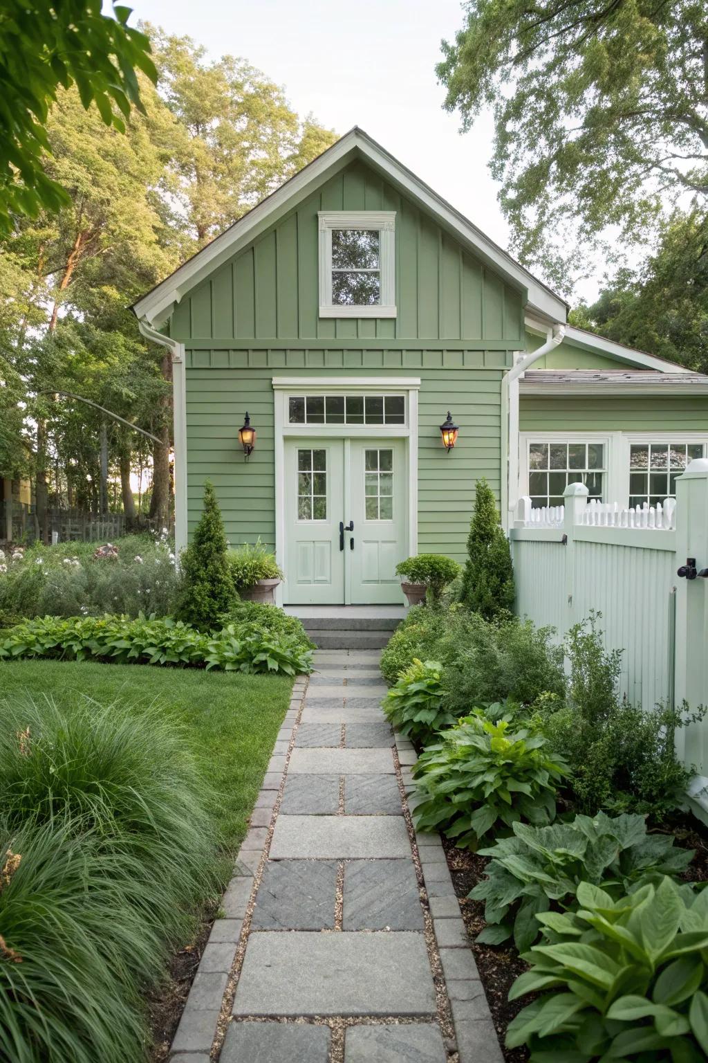 A classic white door complements the sage green exterior beautifully.