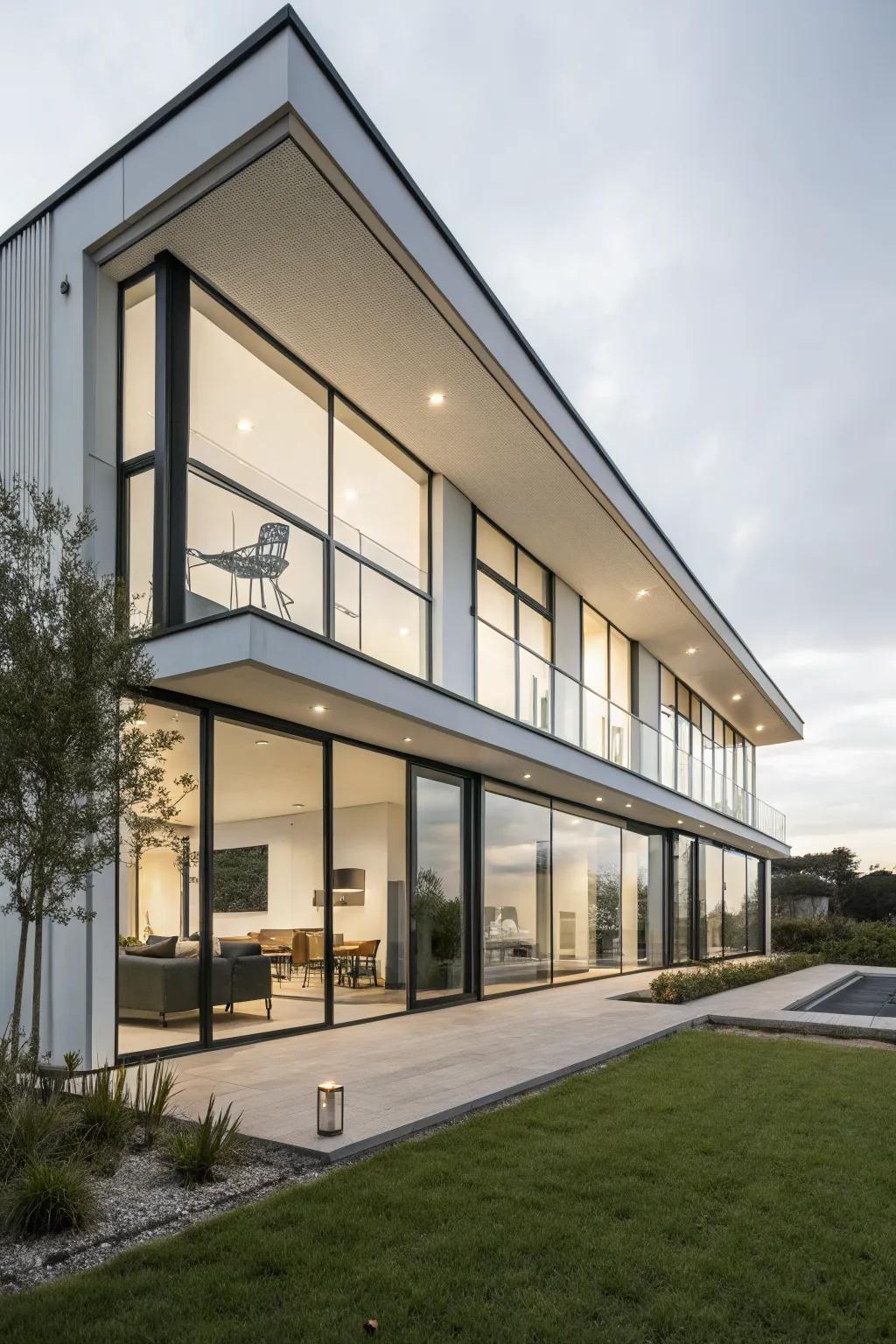 Sleek, frameless windows enhance the modern aesthetic of this home.
