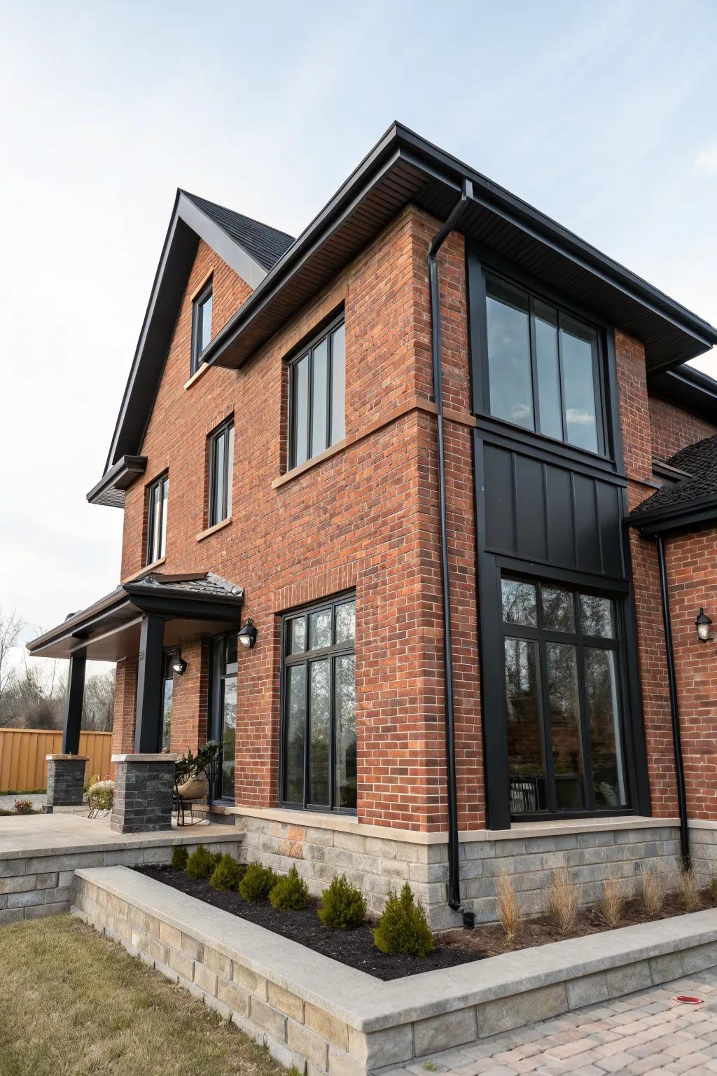 Black trims create a bold contrast against brick.
