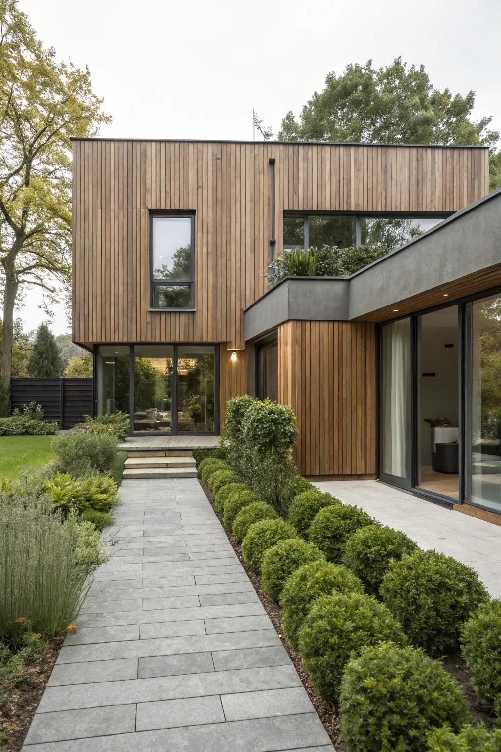 Contemporary home with vertical wood cladding