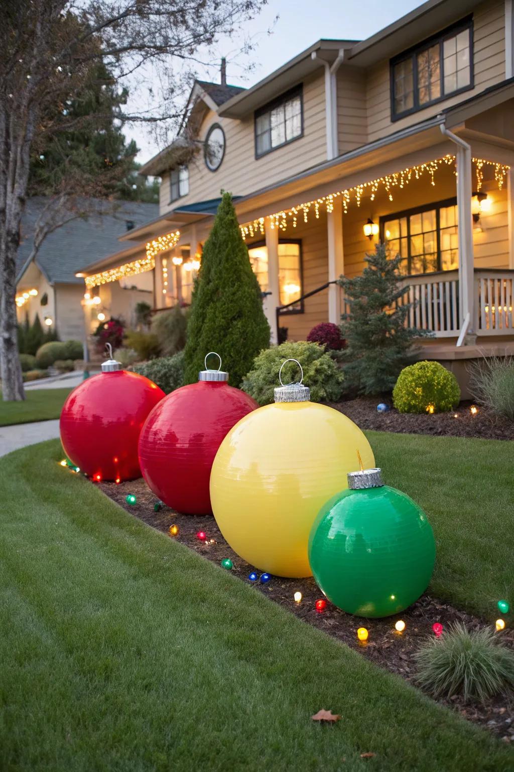 Giant ornaments on the lawn create a whimsical and festive holiday scene.