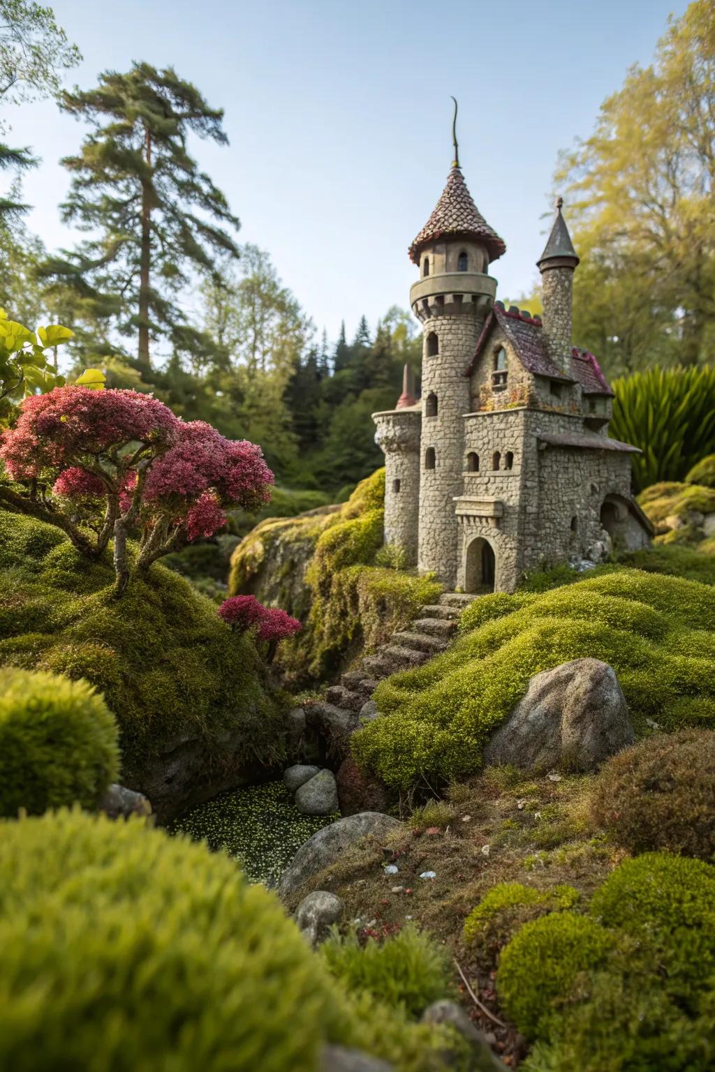 A charming fairy castle crafted from stones, nestled amidst vibrant greenery.