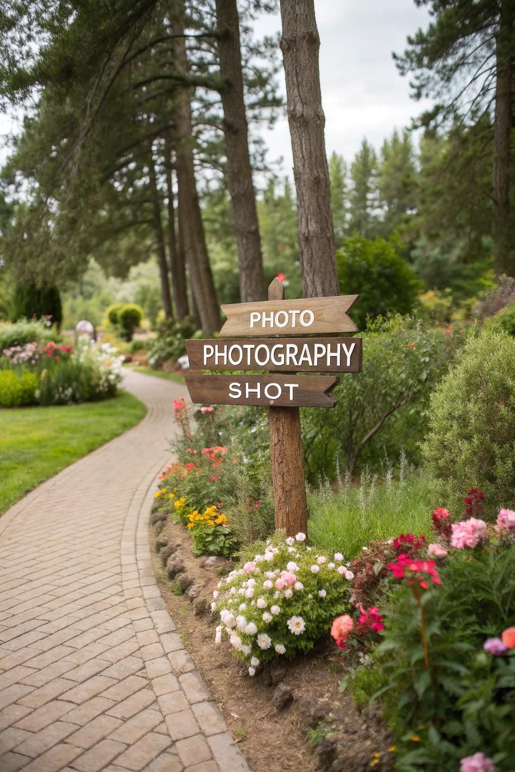 Rustic wooden signs directing to mystical places in a lush garden setting.