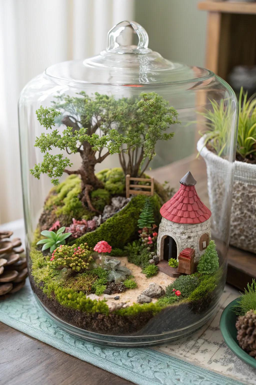 A miniature woodland retreat perfect for any fairy garden enthusiast.