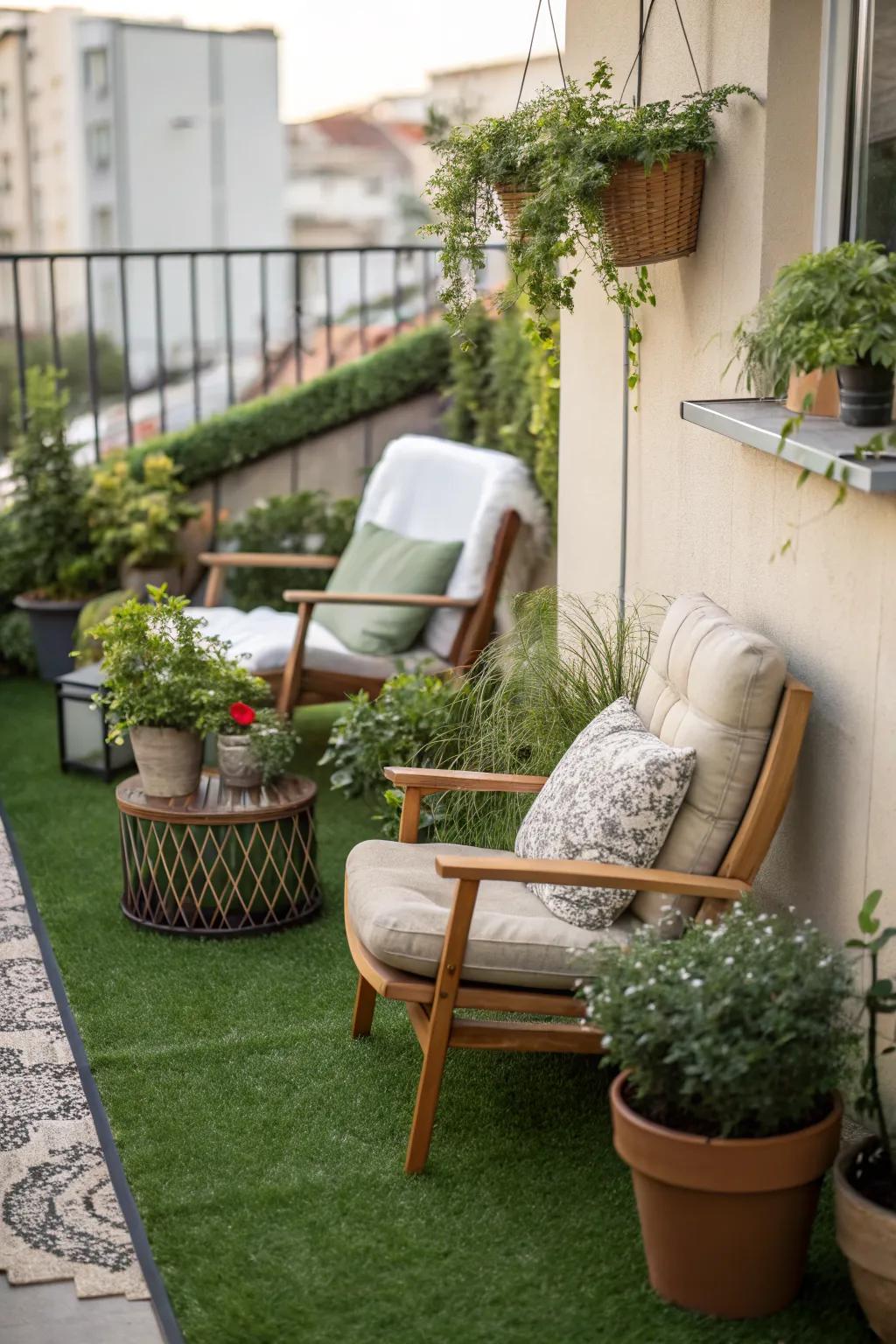 A cozy corner seating area in a small garden with artificial grass.