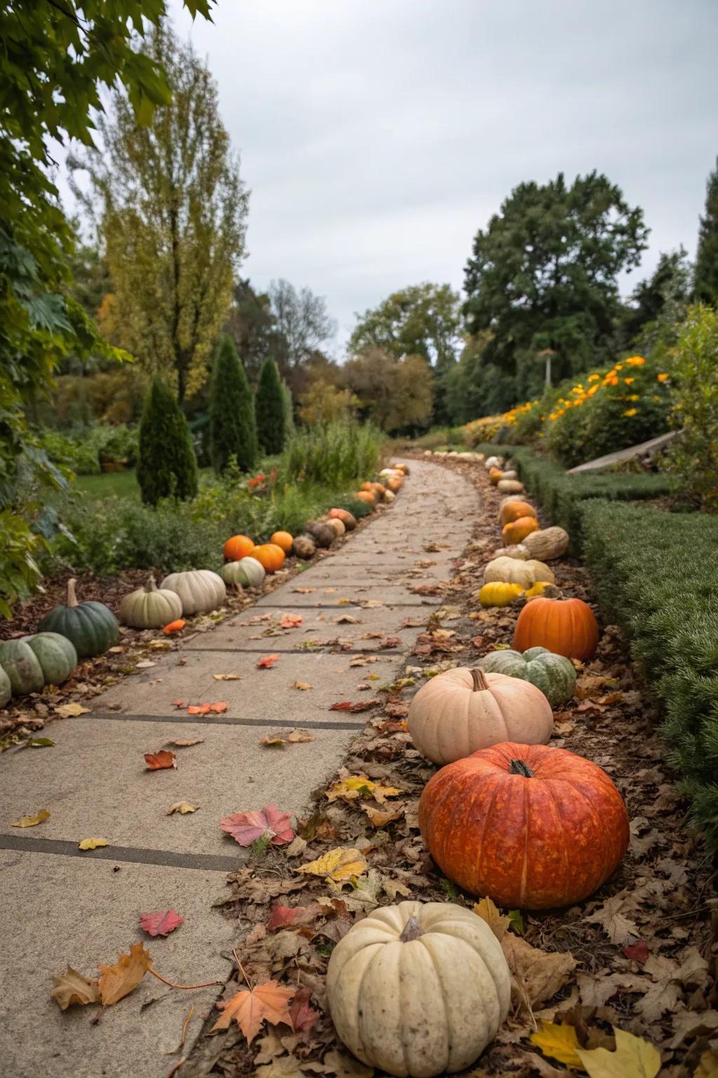 A delightful pumpkin border adds a festive touch to any garden path.
