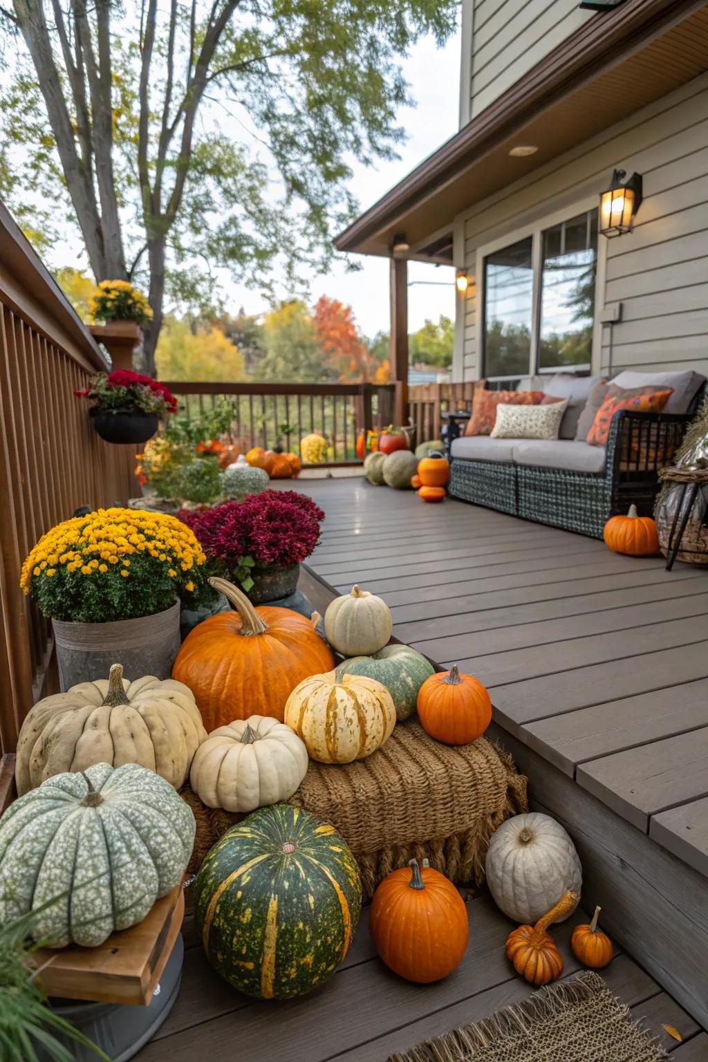 A residential deck decorated with pumpkins and gourds, embodying the fall spirit.