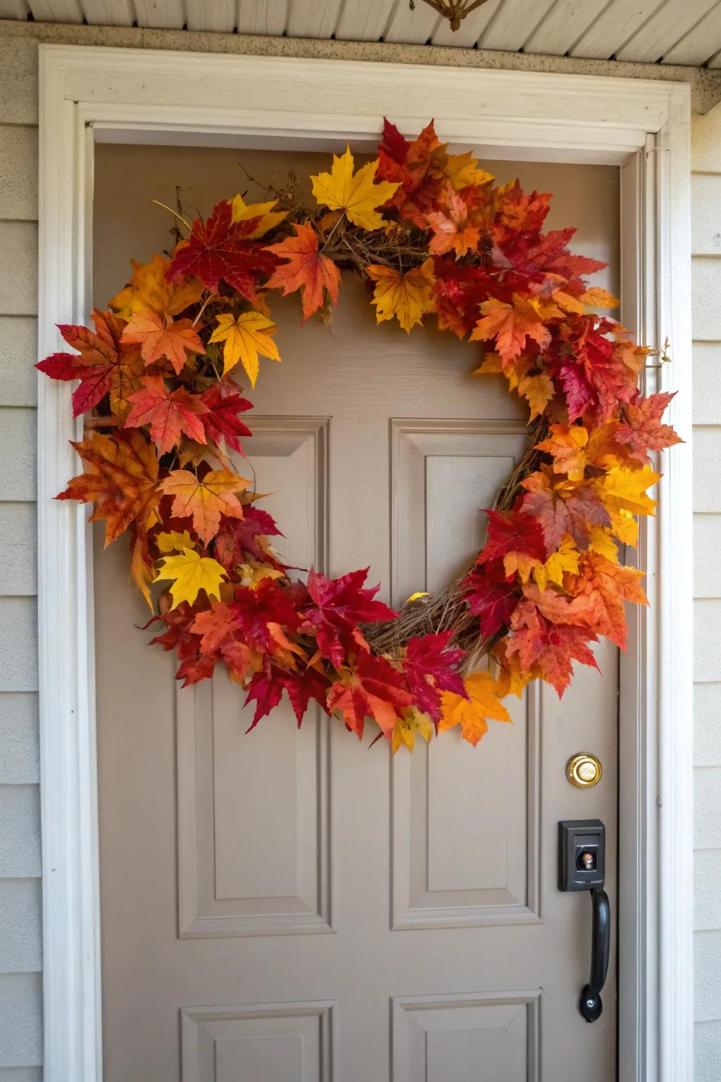 A classic autumn leaves wreath that reflects the beauty of fall foliage.