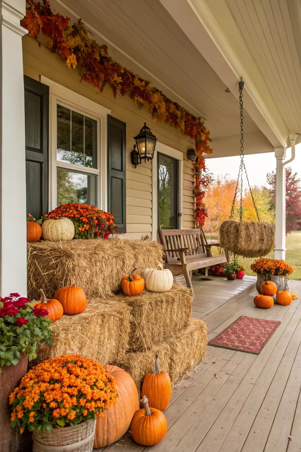 Create a charming fall porch display with hay bales and pumpkins.
