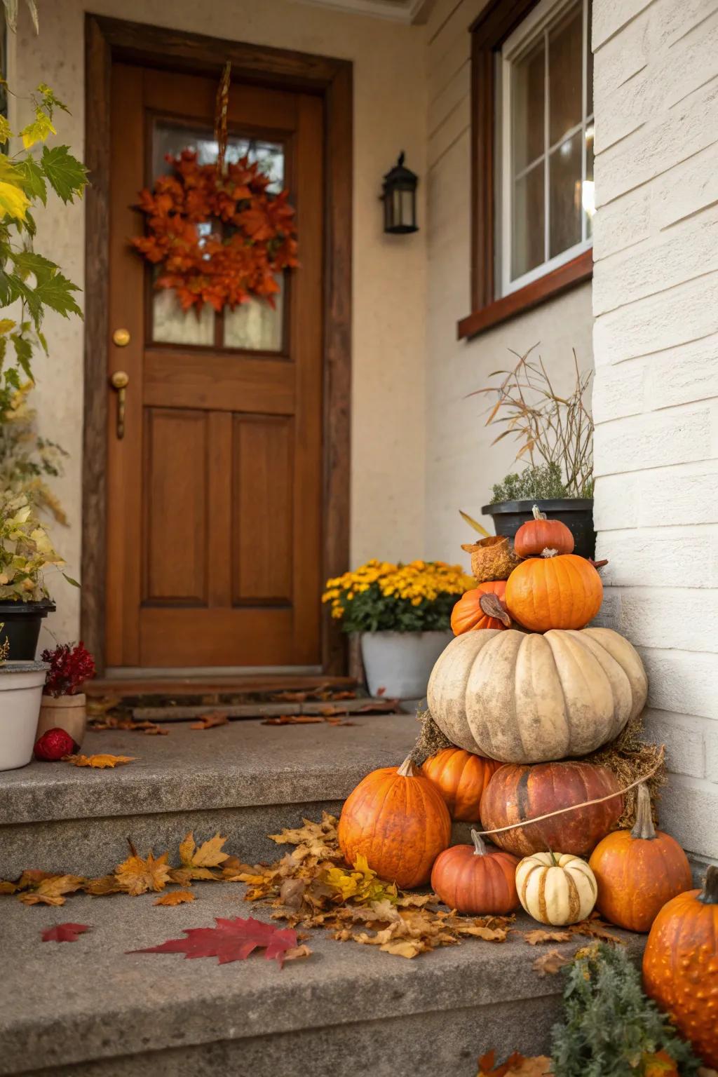 A playful stack of pumpkins and gourds adds character to a small porch.