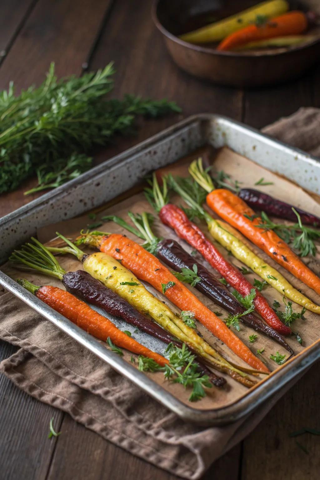 Deliciously sweet roasted rainbow carrots, a feast for the eyes and the palate.