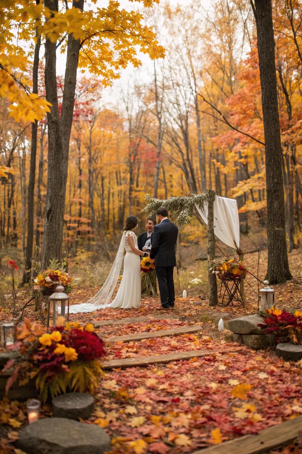 A romantic woodland ceremony with vibrant fall leaves.