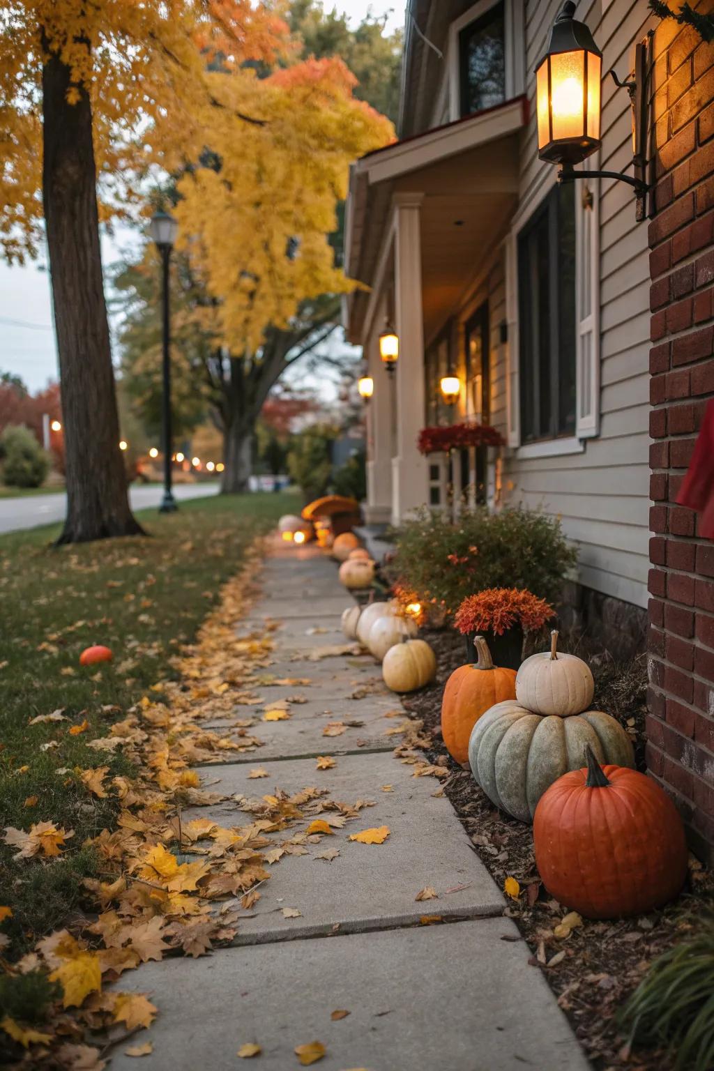 Line your walkway with pumpkins for a warm fall welcome.