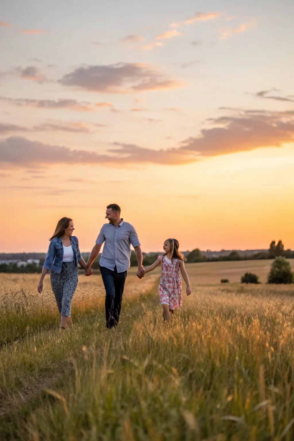 Golden hour family walk capturing the warmth and connection.
