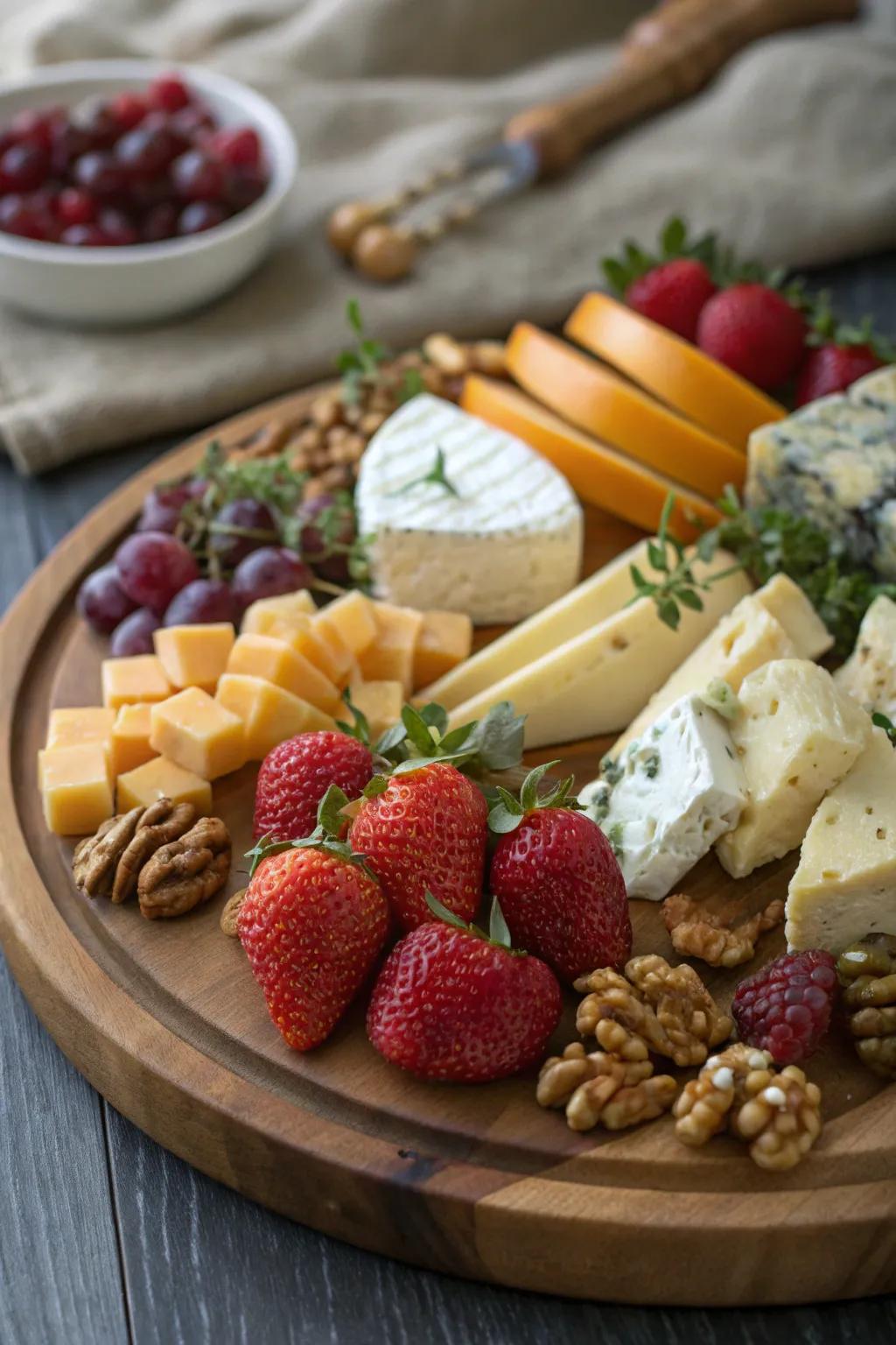 A gourmet cheese board filled with a variety of cheeses, fruits, and nuts.