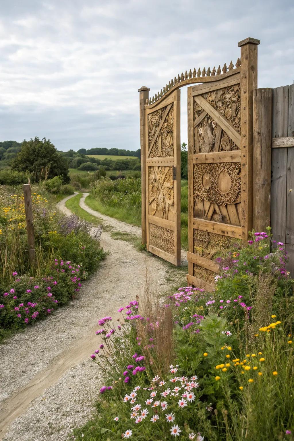 A grand wooden gate adds a touch of elegance to your farm entrance.