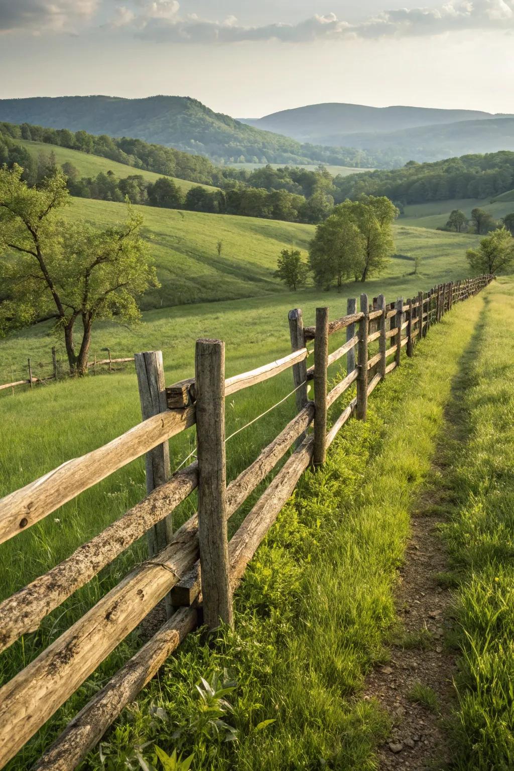 A classic split rail fence adds rustic charm to any farm.