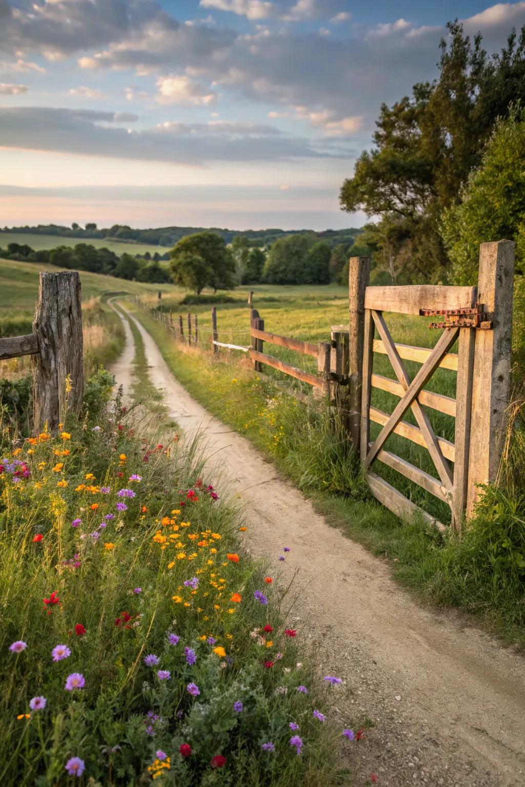 A rustic wooden gate welcomes visitors with natural beauty and weathered charm.