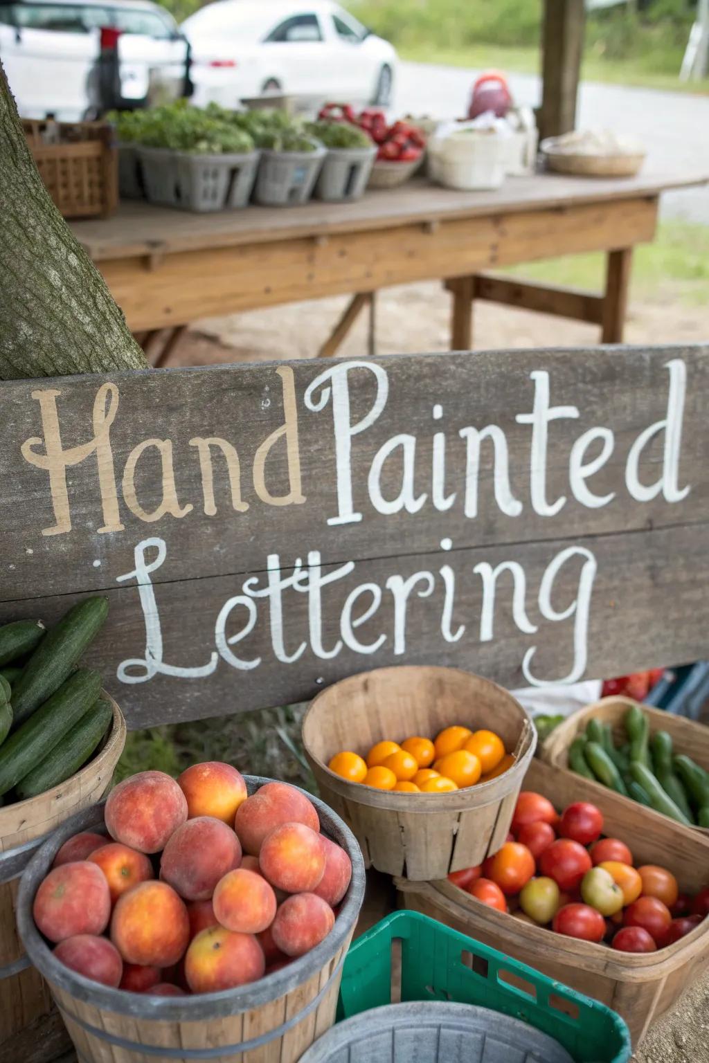A rustic wooden sign showcases farm-fresh produce.