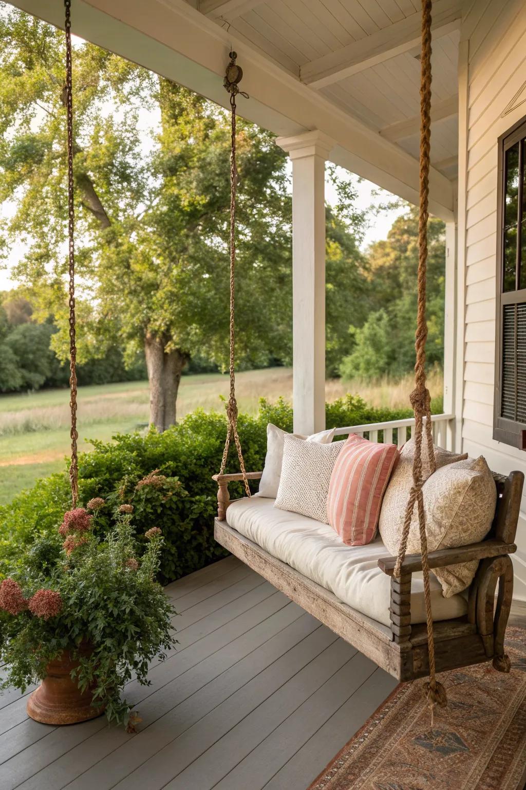 A swing bench invites relaxation and nostalgia to your porch.
