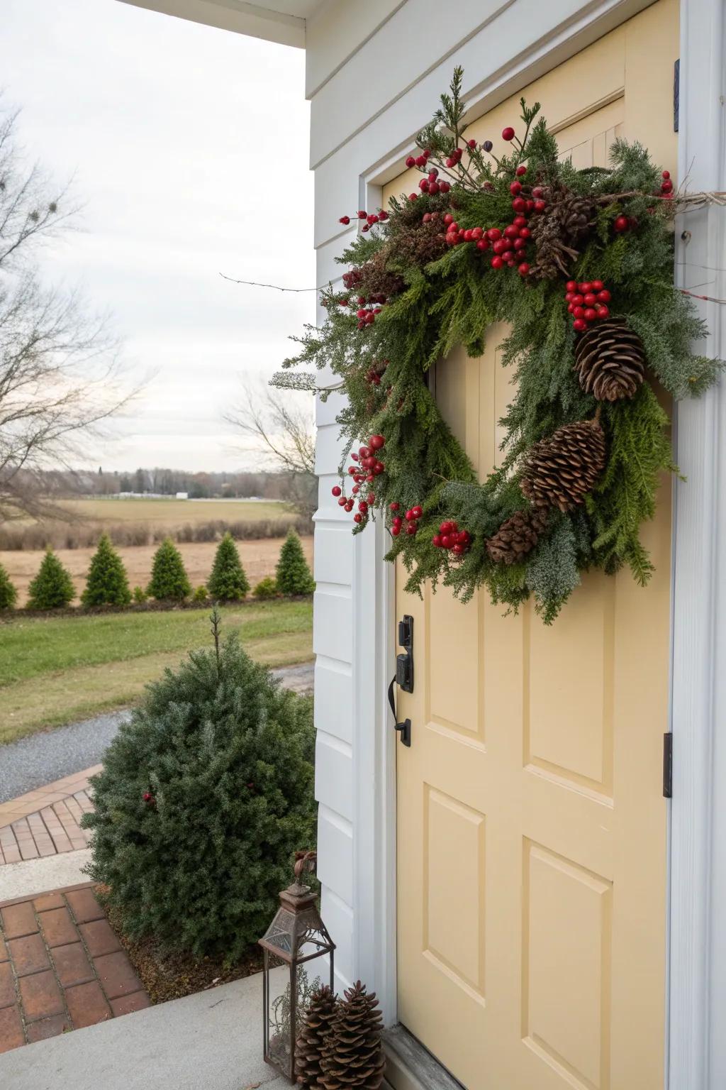 A classic wreath brings timeless charm to any farmhouse porch.