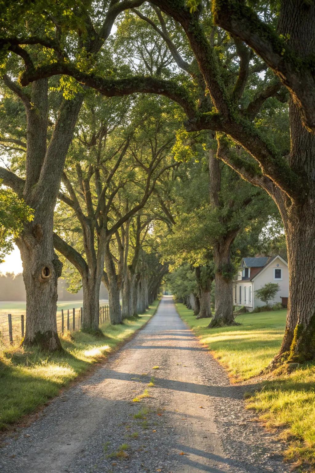 A tranquil tree-lined driveway offering a cool, shaded approach.
