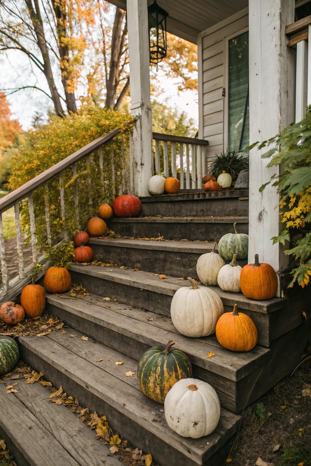 A charming assortment of pumpkins gracing farmhouse porch steps.