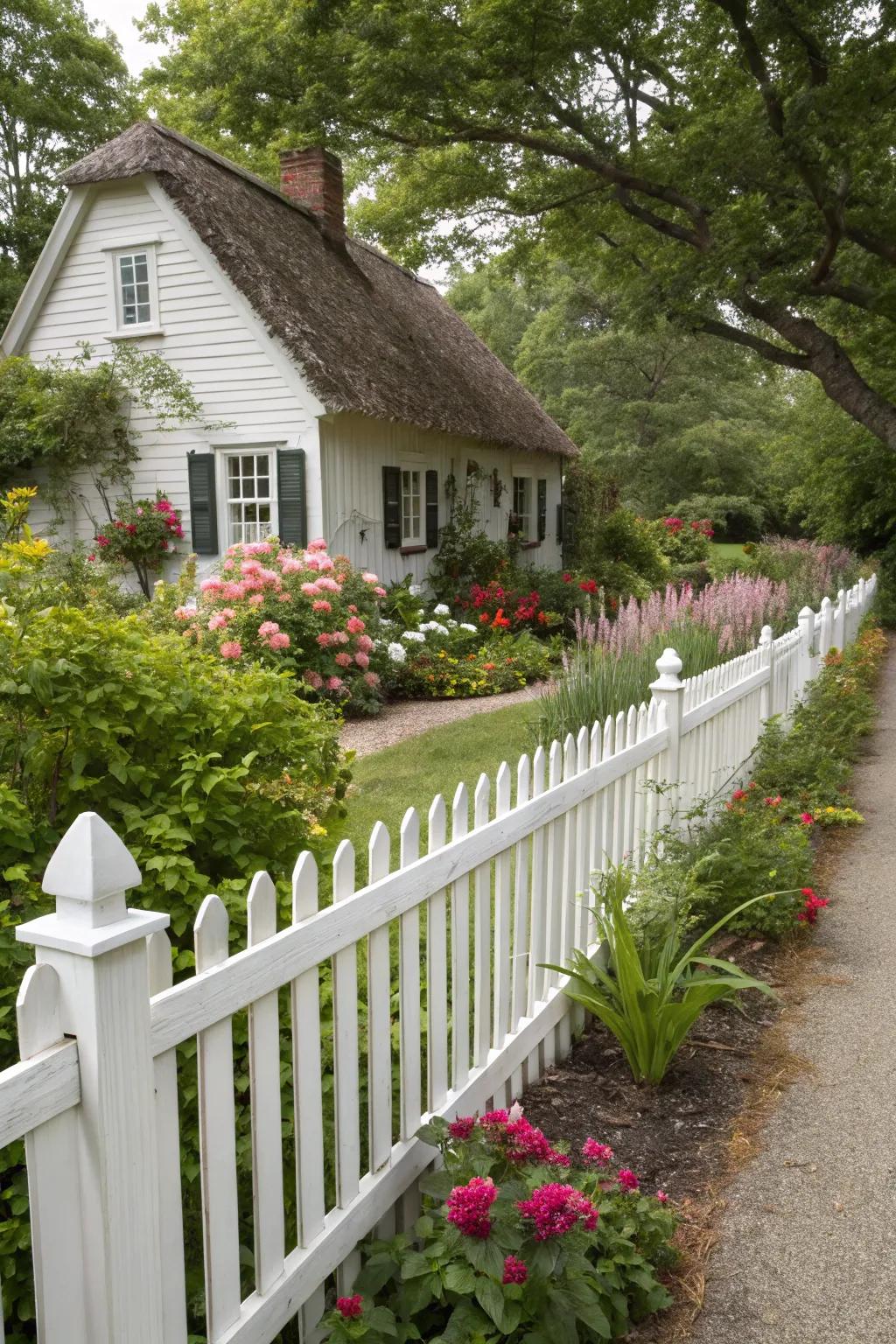 A white picket fence frames a quaint farmhouse garden.