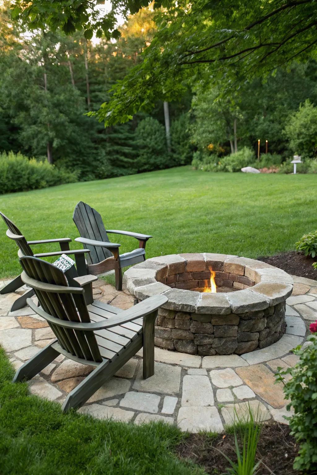 A classic stone fire pit encircled by Adirondack chairs.