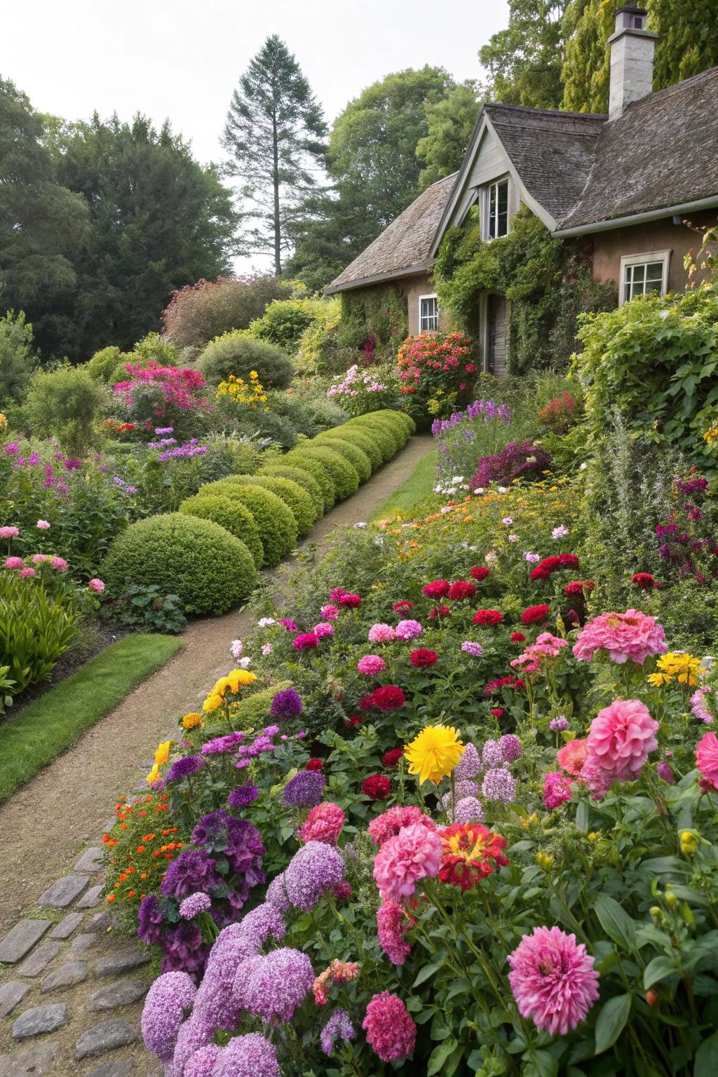 A cottage-style flower bed teeming with vibrant blooms, creating a lush and inviting garden space.
