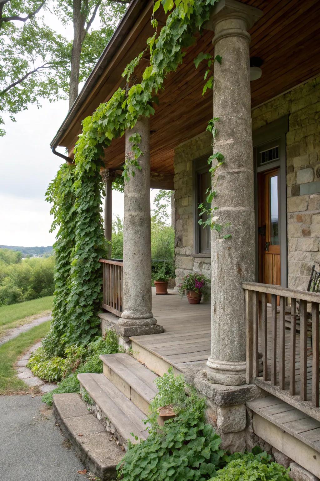 Solid stone bases set the stage for a charming farmhouse porch.