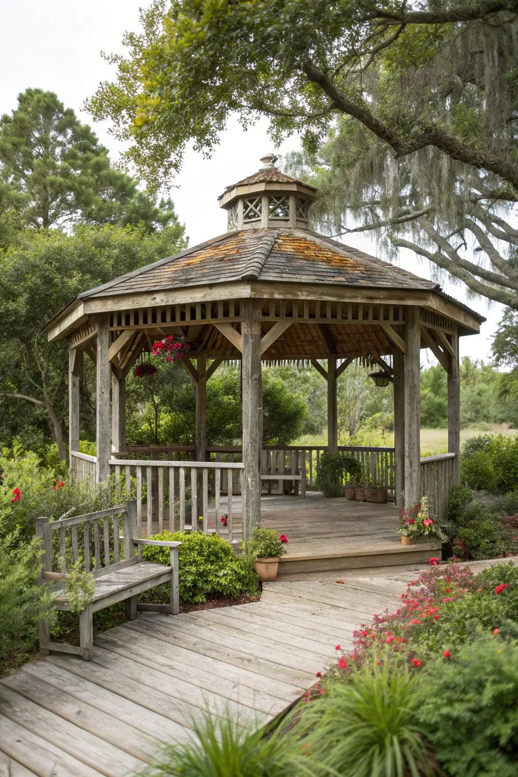 A gazebo with rustic wooden beams, harmoniously integrated into the garden setting.