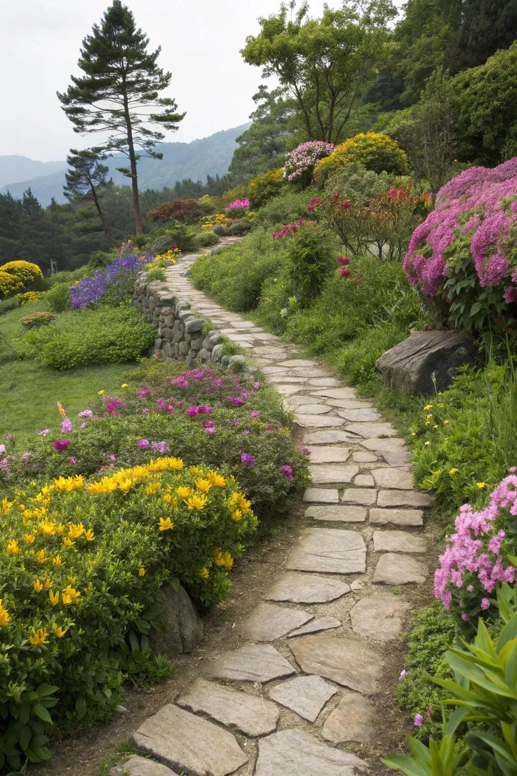 A charming stone pathway meandering through a vibrant farmhouse garden.