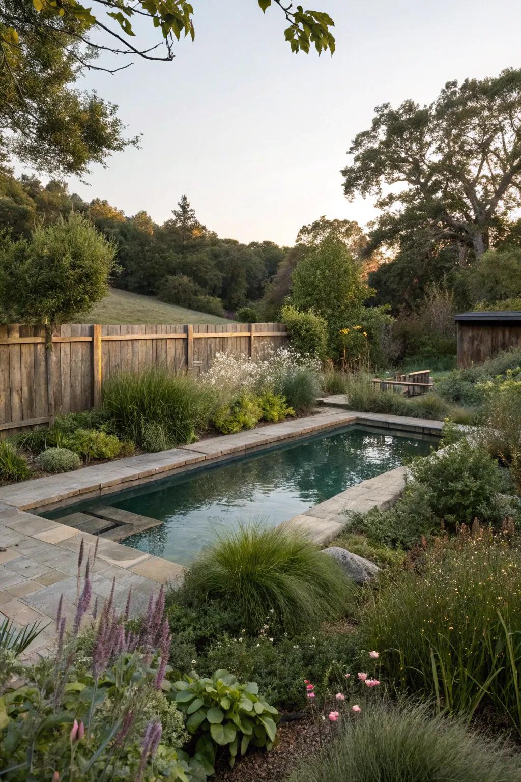 Native plants bring life and serenity to a farmhouse pool.