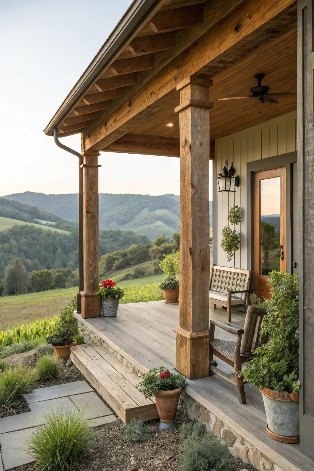 Cedar wood columns enhancing the rustic charm of a farmhouse porch.