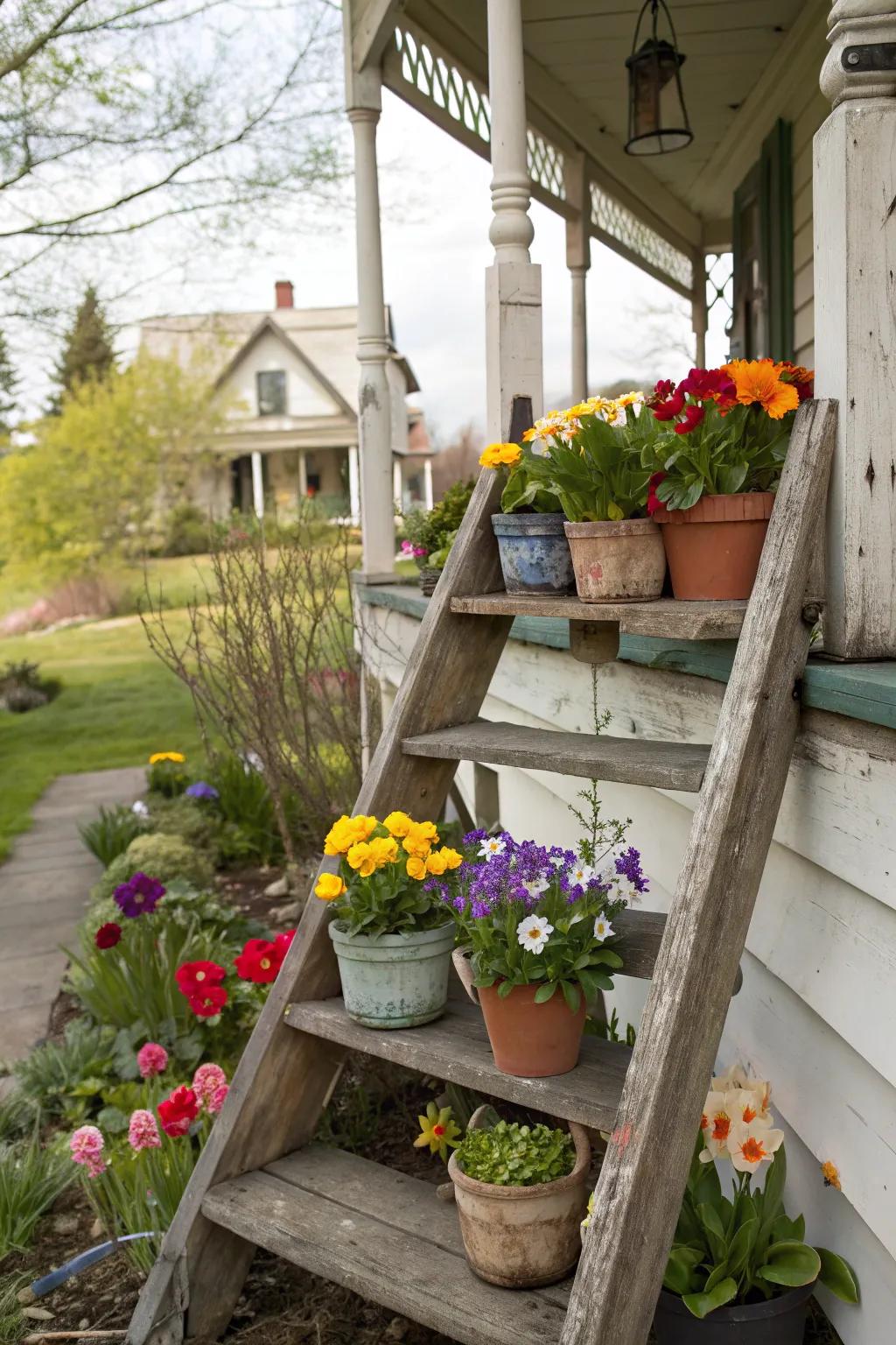 An antique ladder adorned with vibrant flowers for a vertical garden effect.