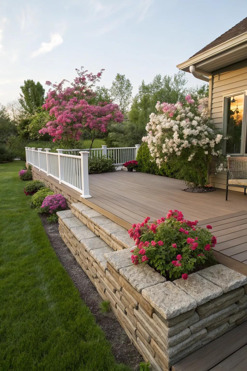 The classic stacked stone look can elevate any deck with timeless elegance.
