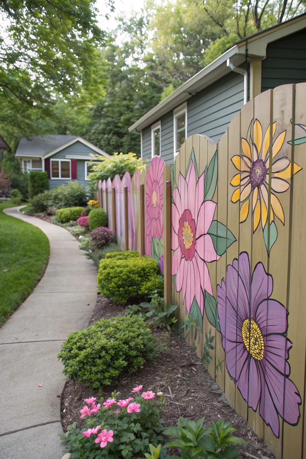 A wooden fence is adorned with painted flowers, bringing a burst of color to the garden.