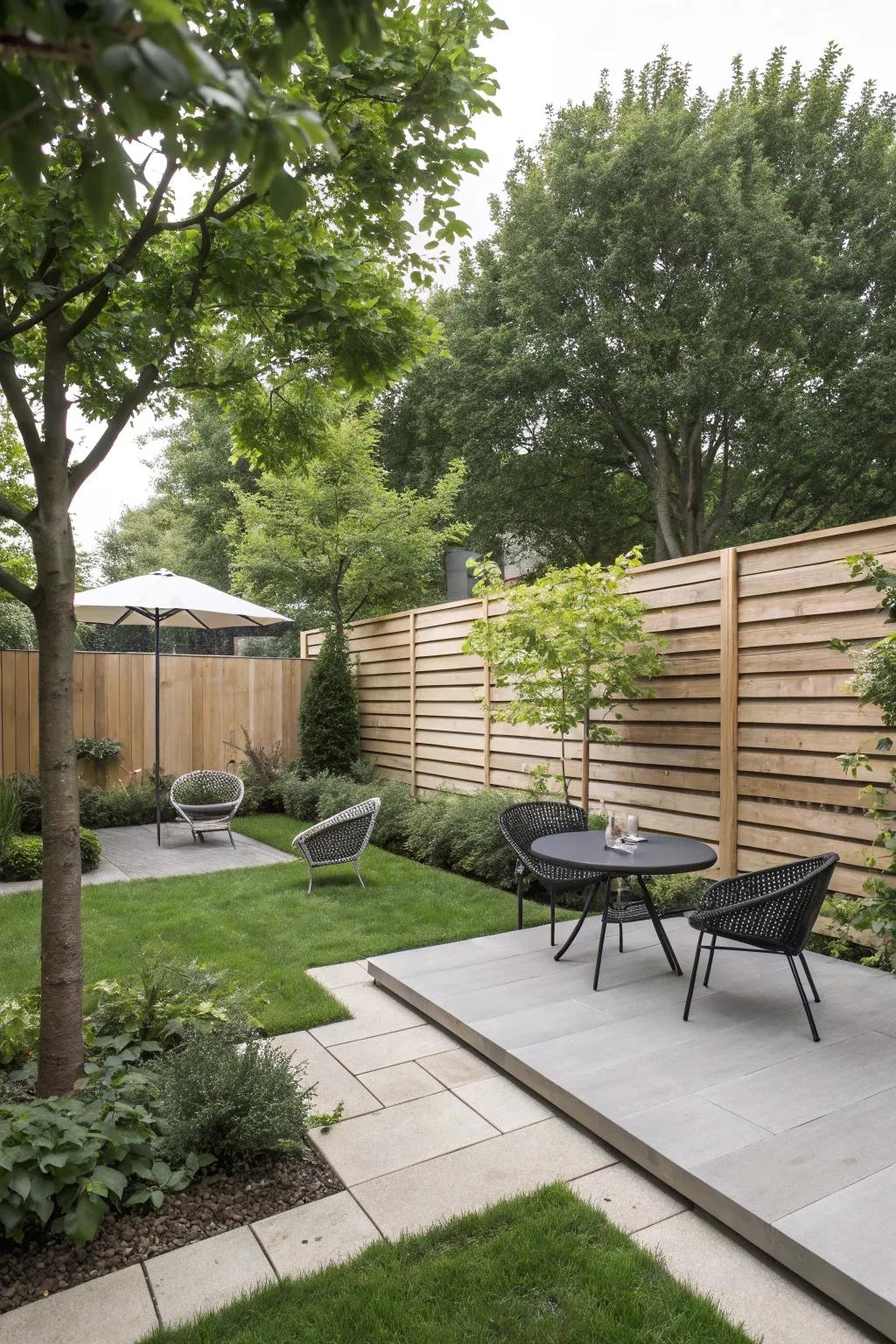 Horizontal wood slats bring a modern touch to any backyard.