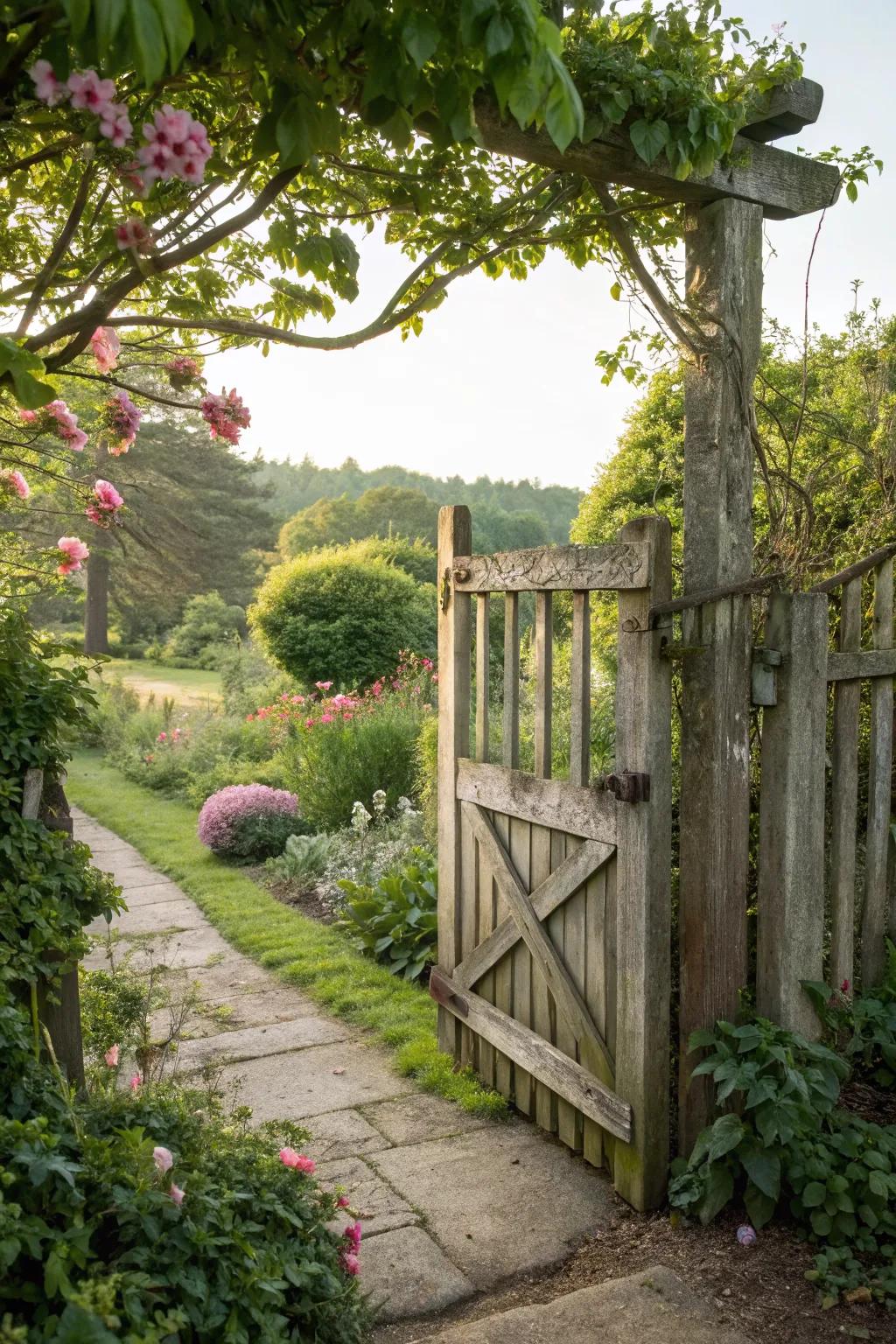 A classic wooden gate offers timeless beauty and functionality.