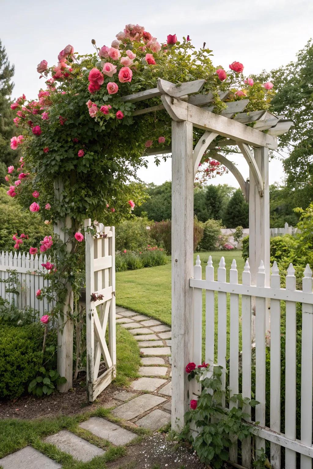 Turn your entryway into a romantic retreat with a charming wooden arbor.