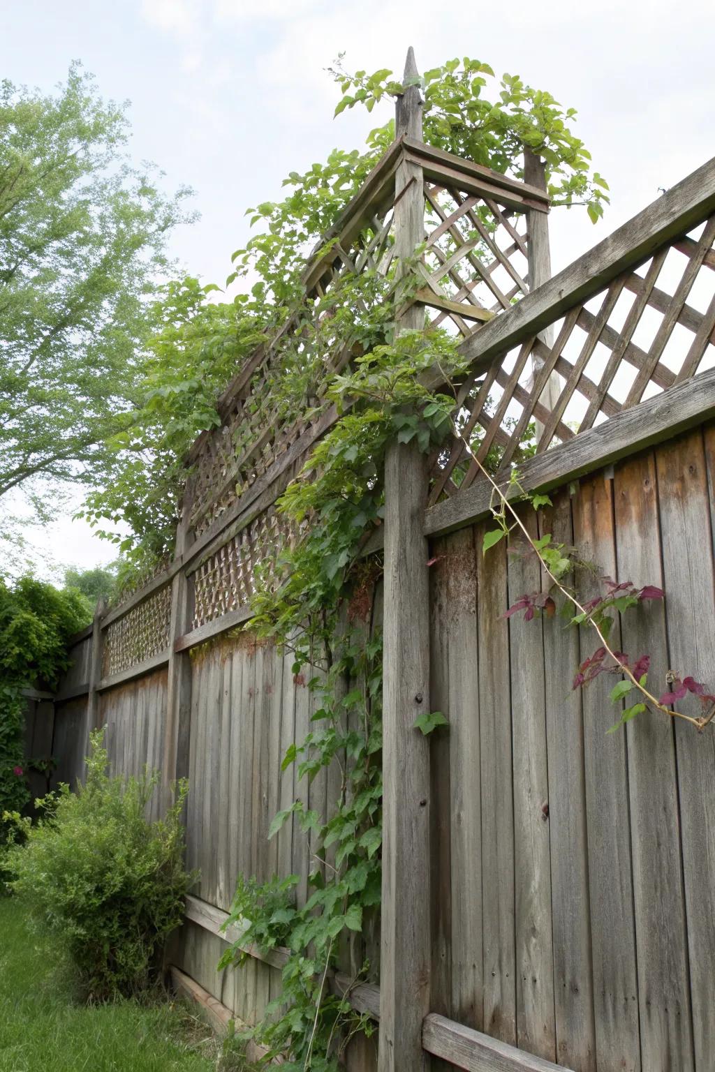 A fence beautifully extended with a trellis and lush vines.