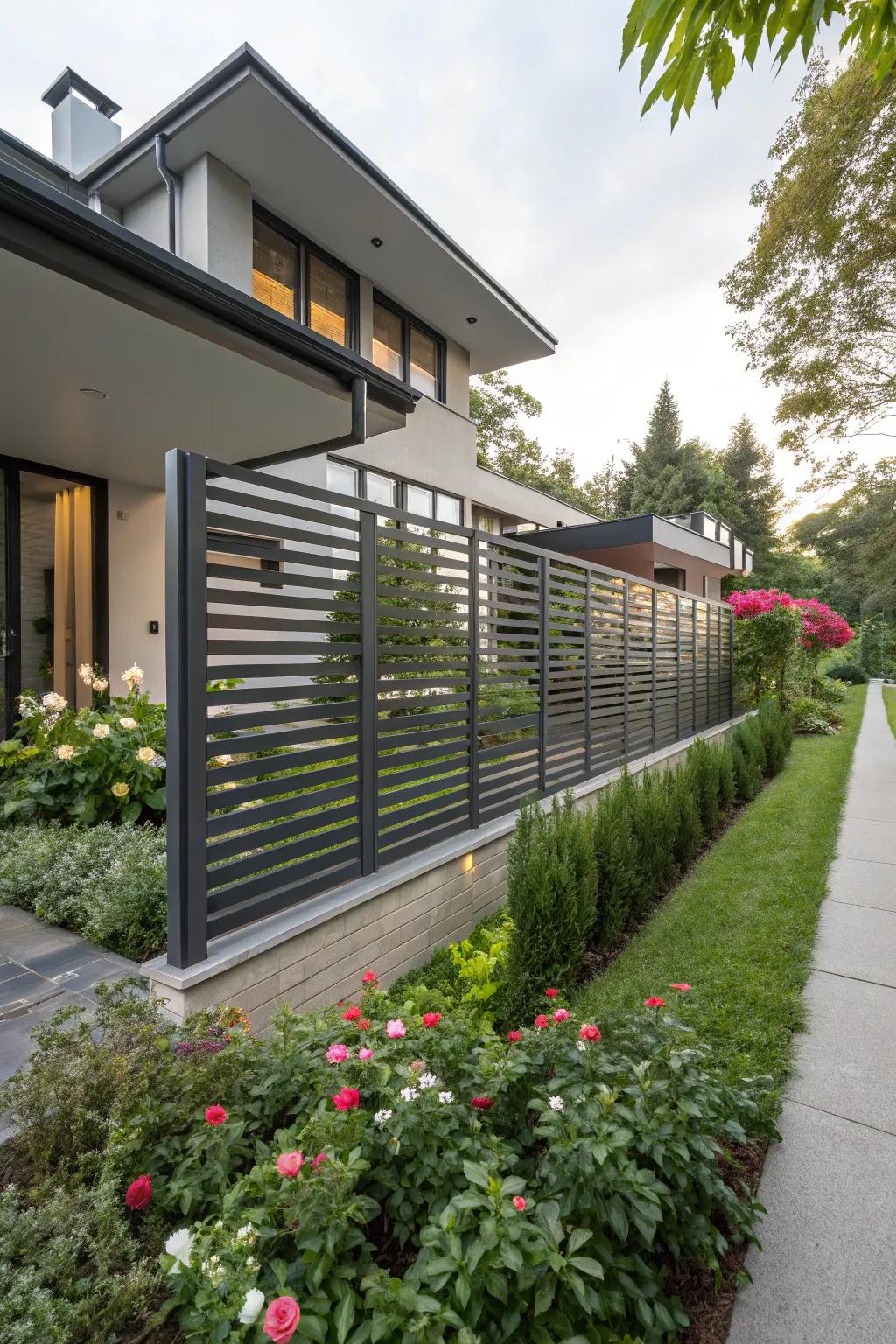 A sleek metal fence with horizontal slats adds a modern touch to any home.