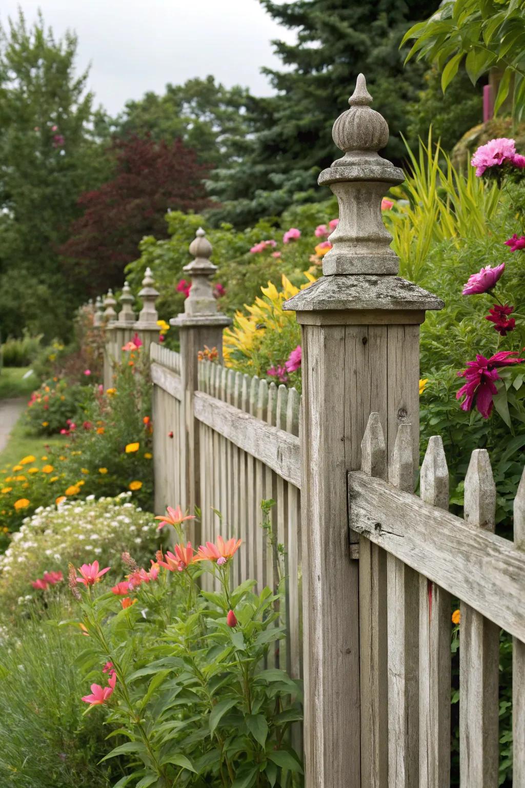 Classic wooden finials adding timeless elegance to a garden fence.