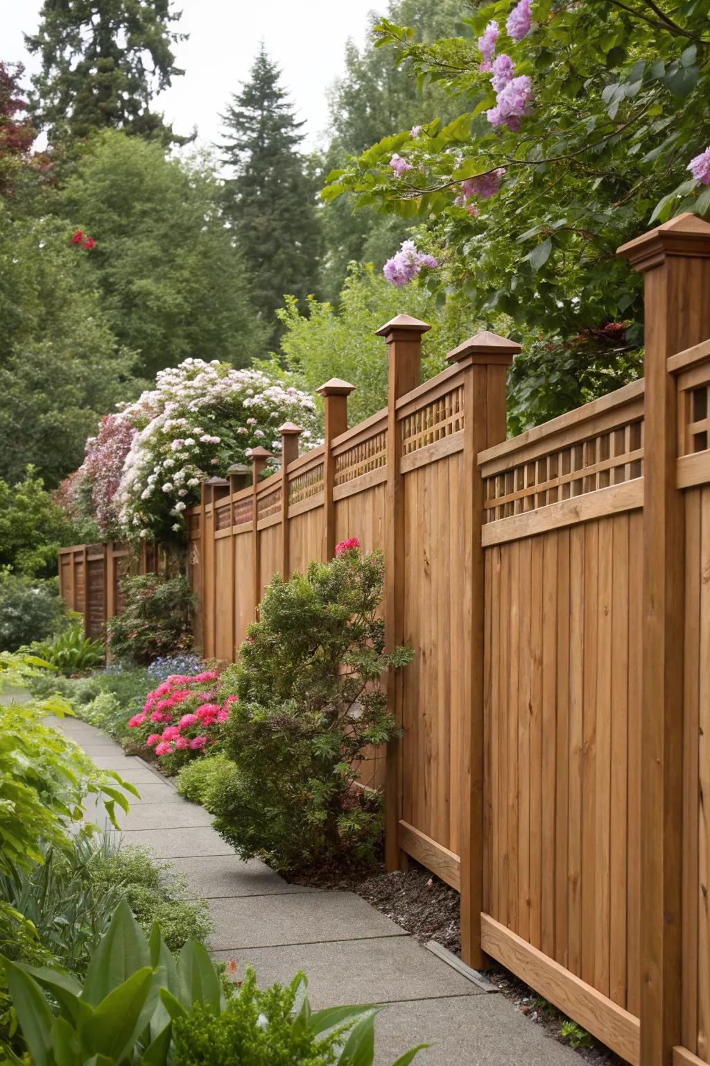 A wooden fence in warm cedar stain, seamlessly blending with the garden's greenery.